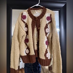 Floral Knit Women's Sweater - Brown and Cream
